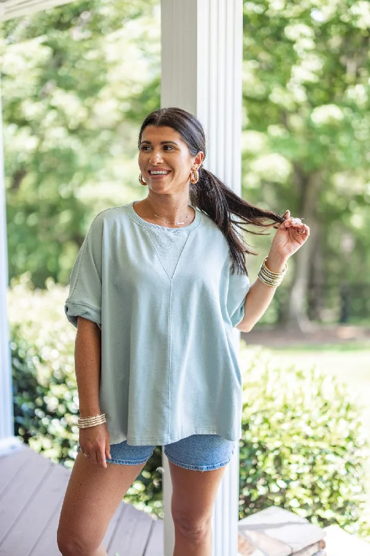 fitted sweater tops for chilly weather-Comfy Weekend Dusty Sage Top