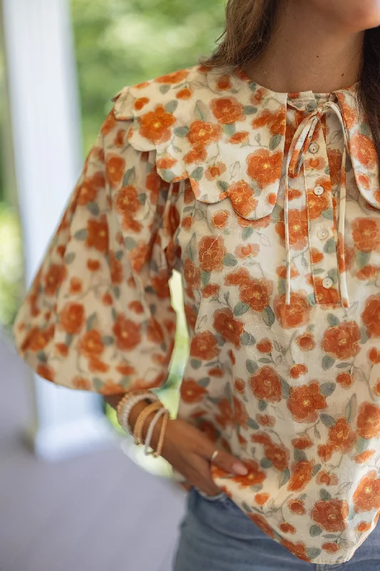 button-up blouse tops for formal wear-Floral Whimsy Persimmon Cream Top