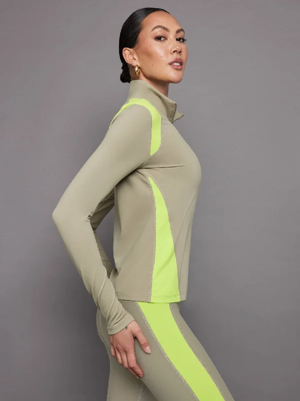 basic tops for layering-Colorblock Half Zip Top in Melt - Silversage / Acid Lime