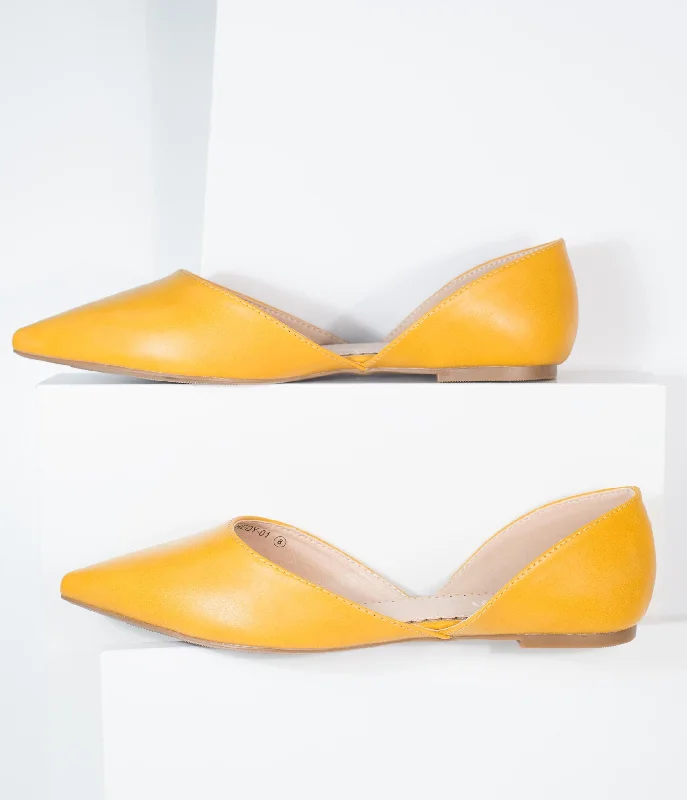 Flats with organic canvas texture-Mustard Leatherette Pointed Toe Flats