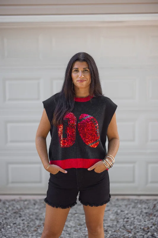 button-front tops for classic looks-Sequin Football Season Black Sweater