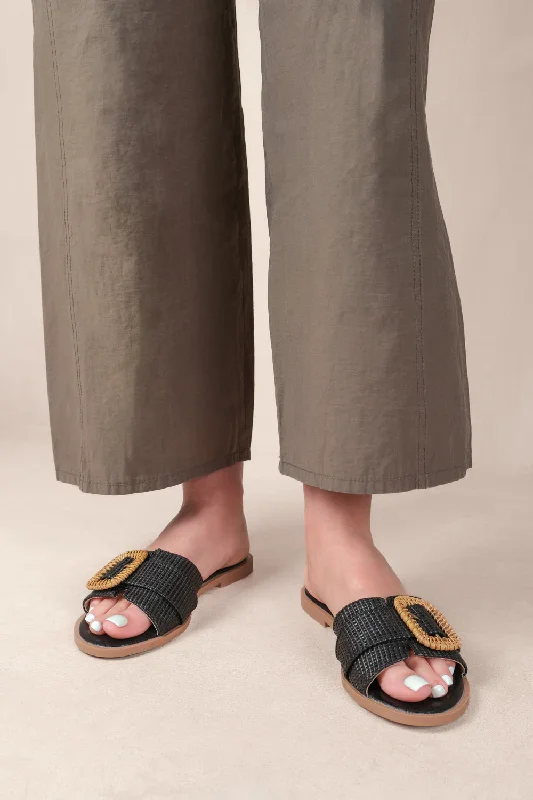 Flats with geometric modern charm-NOON SLIP ON FLATS WITH RAFFIA DETAILING IN BLACK FAUX LEATHER