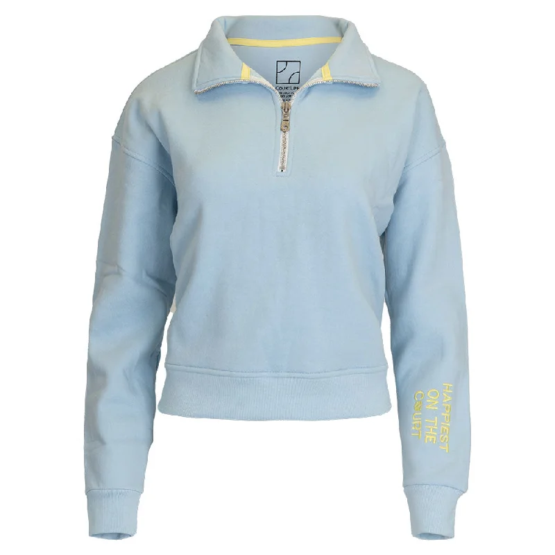 Hoodies & sweatshirts with abstract stylish appeal-Women`s Happiest On The Court 1/4 Zip Tennis Sweatshirt Blue and Yellow