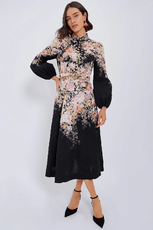 Bold sequin maxi dresses-Black Rococo Floral Illustration Buttoned Midi Dress