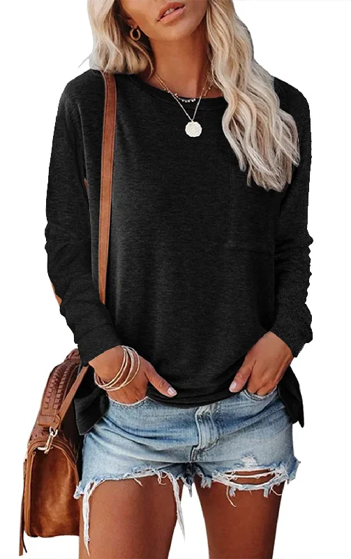 relaxed fit sweaters for cold days-Haute Edition Long Sleeve Heather Round Neck Top with Pocket